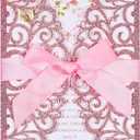 50Pcs Pink Glitter Wedding Invitations With Envelopes and RSVP Cards and Pink Ribbon Laser Cut Invitation Kits For Wedding Bridal Shower Quinceanera Invite