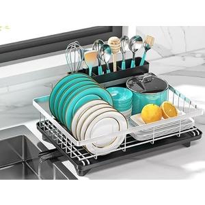 MERRYBOX Stainless Steel Dish Drying Rack for Kitchen Counter Sink，Rustproof Stainless Steel Dish Rack with Large 3-Compartment Utensil Holder