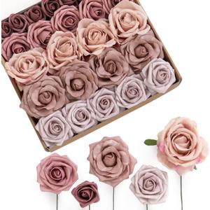 Ling's Moment Artificial Flowers Fake Silk Roses Faux Foam Flower Combo for DIY Wedding Bouquets Centerpieces Arrangements Bridal Shower Party Home Decorations, Dusty Rose & Cinnamon Rose, 26pcs (Pk-dusty Rose & Cinnamon Rose)