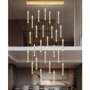 Rectangular Chandeliers 26-Lights Long Light for Entryway LED Dimmable Chandeliers Lighting Fixture Flat Sloped High Ceiling Pendant Lights Crystal for Living Room Foyer Hallway Staircase Gold