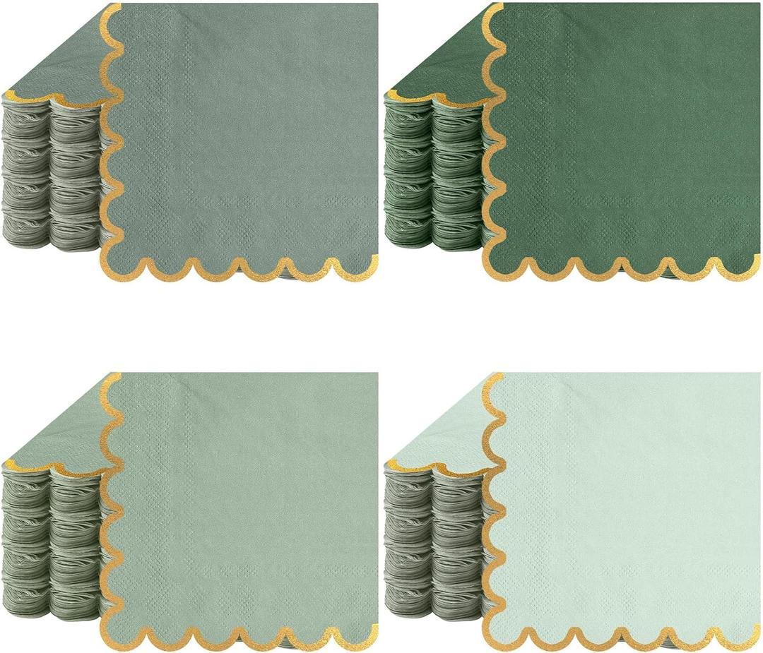 100 Pack Scalloped Cocktail Napkins with Gold Foil Accents Beverage Napkins Scalloped Disposable Paper for Wedding Shower Baby Dinner Birthday Party Supplies 5 x 5''(Green)