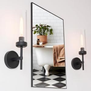 Black Wall Sconces Set of Two, Modern Wall Sconce Light with Handblown Clear Glass Bathroom Vanity Light for Bathroom Mirror Bedroom Livingroom Hallway E26 Hardwired