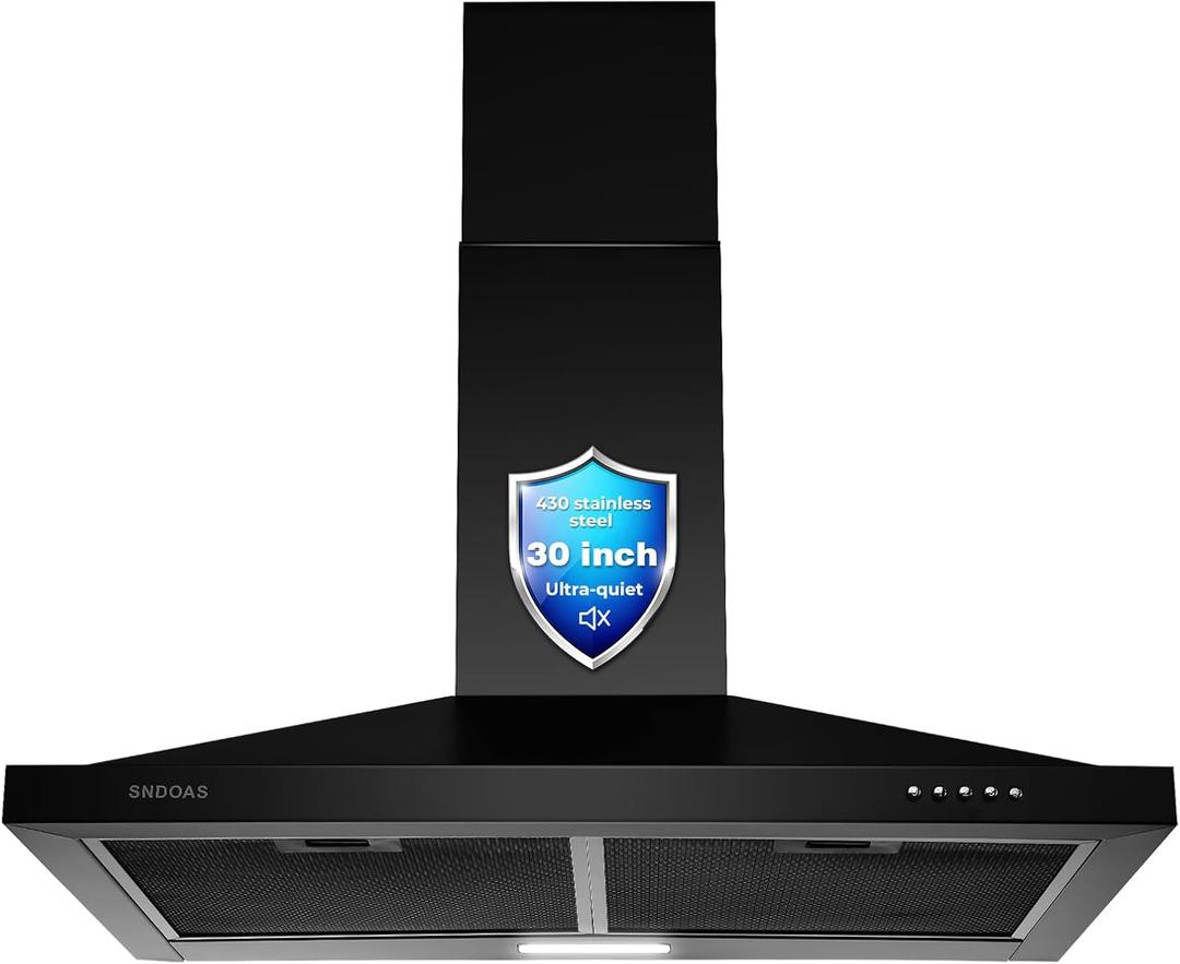 SNDOAS Black Range Hood 30 inch,Hood Vents for Kitchen with Ducted/Ductless Convertible,Vent Hoods 30 inch,Wall Mount Ductless Range Hood,Stainless Steel Kitchen Vent Hood with LED Light