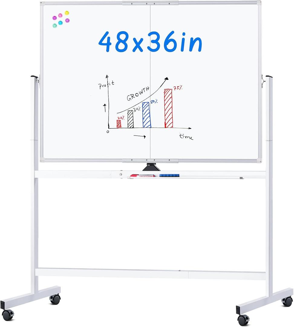 Maxtek Rolling Whiteboard, 48x36 Large Magnetic White Board with Stands, Big Double-Sided White Board Dry Erase on Wheels for Homeschool, Home Office, Office, School (Silver, 48 x 36)