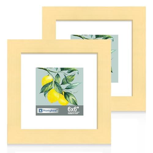 Hongkee 6x6 Picture Frame Set of 2, Made of Real Glass and Gold Wooden Frame - Display Square 4x4 with Mat or 6x6 Without Mat, 6 by 6 Photo for Wall or Tabletop