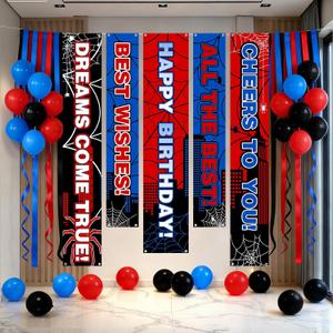Ajioso Spider Theme Happy Birthday Banner Sign Party Wall Decorations Backdrop with Hanging, Blue Red Black Balloons, Superhero Outdoor Party Supplies Set for Boy-28 Pcs