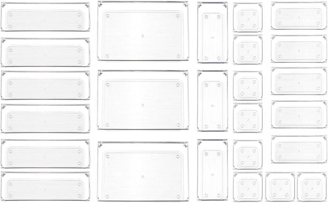 25 Pcs Clear Plastic Drawer Organizer Set,4 Sizes Small Organizer Bins for Bathroom,Office,Kitchen Cabinet and Vanity Organizers for Jewelry,Cosmetic,Gadgets Utensil In Drawer Organizer Trays