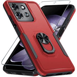 Janmitta for Motorola Moto G 2025 Case/Moto G 2026 Case with Screen Protector, Heavy Duty Shockproof Full Body Protective Cover Built in Rotatable Metal Holder for Moto-G-Play-2026,Red