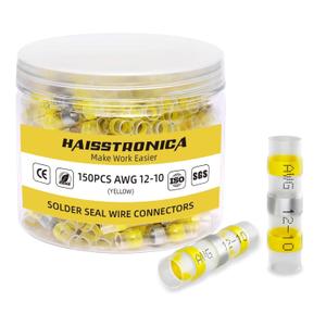 Haisstronica 150PCS Solder Seal Wire Connectors, Waterproof Heat Shrink Butt Connectors Terminals for Watercraft, Electrical, Electronics AWG 12-10 Yellow