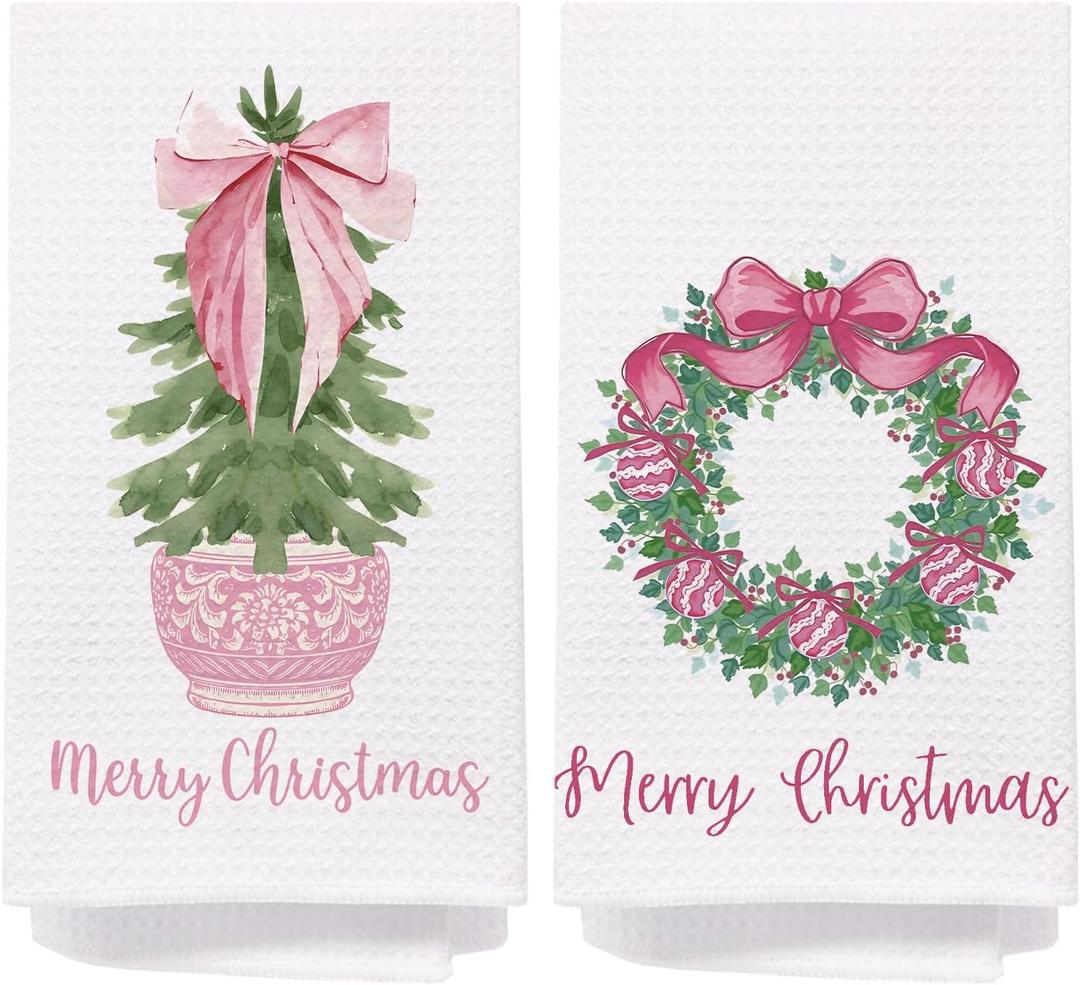 Chinoiserie Christmas Kitchen Towels, Pink Bow Coquette Christmas Tree Dish Towels for Kitchen Bathroom, Pink Christmas Hand Towels for Bathroom Kitchen, Grandmillennial Decor,Set of 2,16x24 Inches