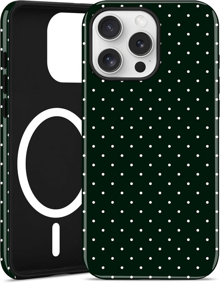 Jusy Compatible with MagSafe Polka Dot Case for iPhone 15 Pro Max, Cute Aesthetic Polka Dots Magnetic Phone Case, Soft TPU and Hard PC Protective Phone Cover for Women Girls (Matte)  Black