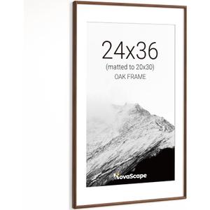 24x36 Picture Frame, Natural Solid Oak Wood, Displays 20x30 with Mat or 24x36 Without Mat, Tempered Real Glass, Rounded Corner Wooden Photo Frames for Wall Mounting