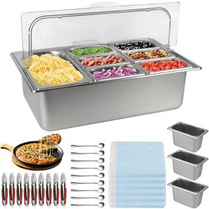 Pizza Topping Station 9 Pans Stainless Steel Salad Bar for Home
Salsa Bar Buffet Station with Spoons Ice Boxes Buffet Containers Set for Home Sauce Jam Ingredient Kitchen Restaurant