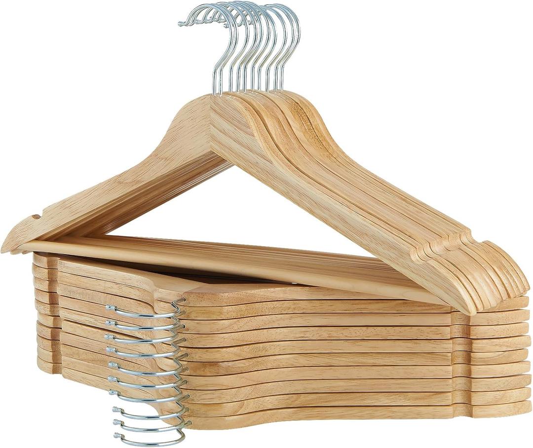 ELONG HOME Solid Wooden Hangers 20 Pack, Wood Suit Hangers with Extra Smooth Finish, Precisely Cut Notches and Chrome Swivel Hook, Clothes Hangers for Shirt Coat Jacket Dress, Natural