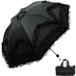 Vintage Lace Parasol Gothic Lolita Umbrella UV Sun Protection Witch Cosplay Photoshoot Props Party Decoration (Black2)