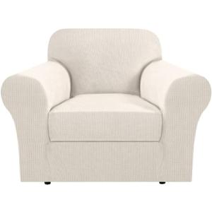 H.VERSAILTEX Stretch Armchair Slipcover 2 Piece T Cushion Chair Covers for Living Room Furniture Cover Suit for Box Cushion, Spandex Jacquard Fabric Small Checks(Armchair-Oversized, Ivory)