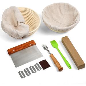 Banneton Bread Proofing Basket, Sourdough Starter Kit, 2 Round 8 Inch Banneton Baskets, Lame, Blades, Scrappers, Silicone Brush, and More Complete Sourdough Bread Baking Kit (8 inch)
