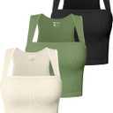 OQQ Women's 3 Piece Tank Tops Strappy Sleeveless Square Neck Stretch Tee Shirts Crop Camis (Black,pea Green,beige)
