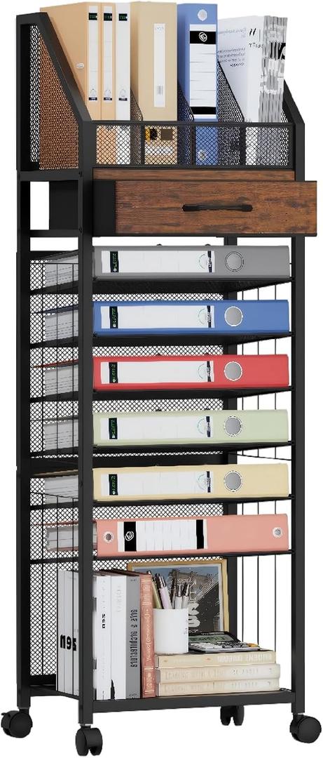 SWTYMIKI 9-Tier Rolling File Cart - Paper Organizer with Drawer and Trays, Wood Desk Office Organizer, Office Organization and Binder Storage for Workspace, Home, School, Espresso
