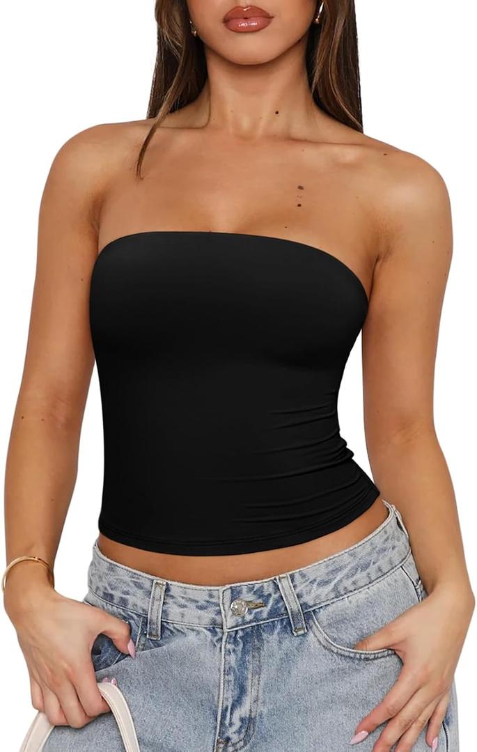 REORIA Women's Strapless Tube Top Double Lined & Non-Slip Y2K Backless Crop Tops for Summer Going Out, Small
