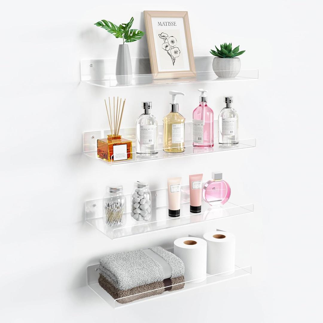 upsimples 4 Pack 15x6 Inches Acrylic Bathroom Shelves for Wall, Floating Bathroom Shelves Over Toilet, Storage Shelf for Toilet Paper, Towels and Toiletries, Clear