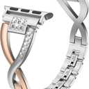 Wearlizer Bling Band Compatible with iWatch Strap 38/40/41/42mm Womens 2-color Matching Deep Rose Gold X-link Rhinestone Metal Dressy Bracelet for iWatch Series 11 10 9 8 7 6 5 4 3 SE/Ultra 3 2 1