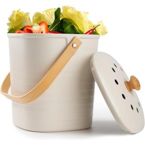 Compost Bin, LALASTAR Compost Bin Kitchen Counter with Lid, Made of Sustainable Bamboo Fiber, Odorless Indoor Compost Bin, 1 Gallon, Cream, Square