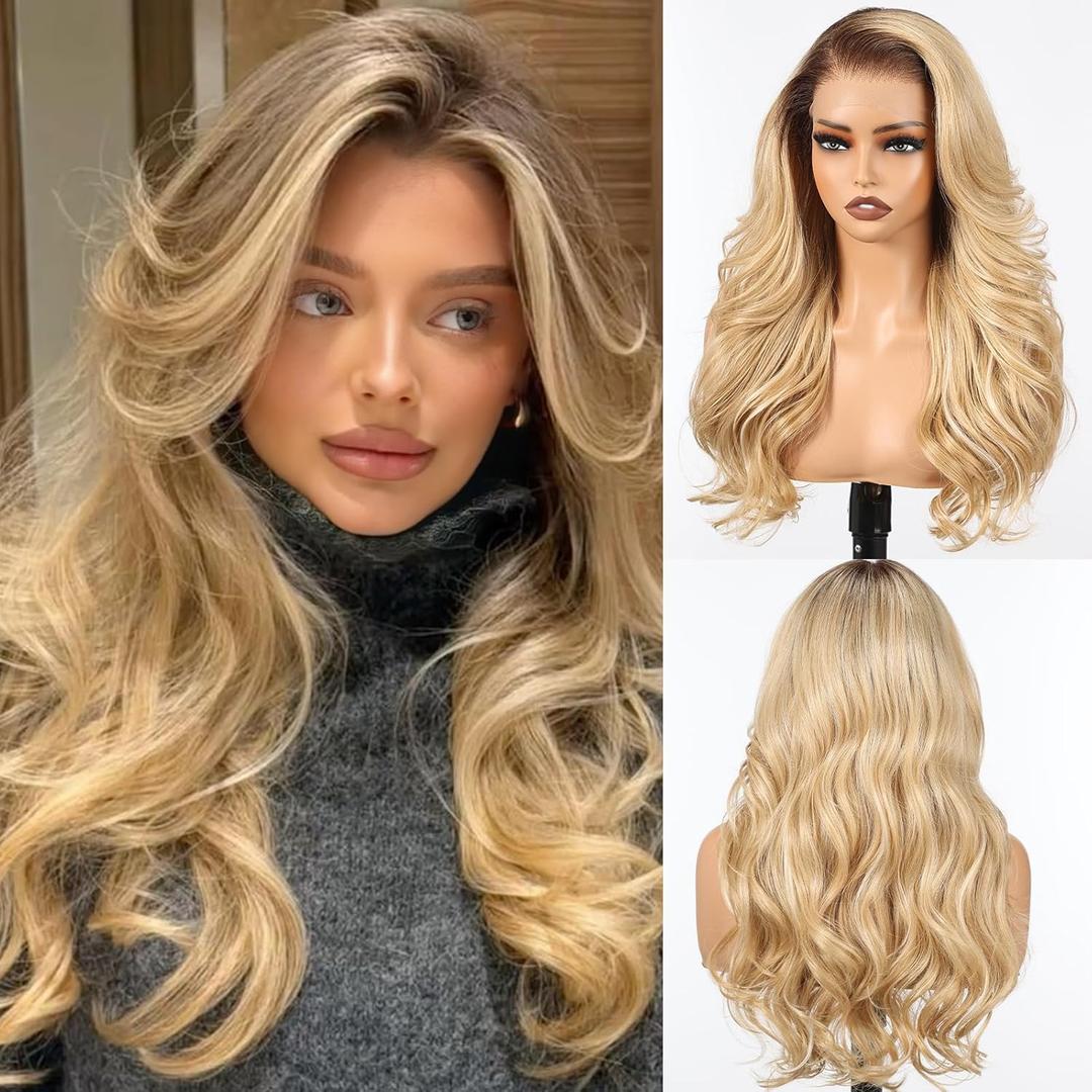HAIRCUBE 13x6 HD Synthetic Lace Front Wig, 24 Inch Ombre Blonde Highlight Long Curly Layered Wigs, Natural Density Hairline Glueless Wigs for Women Daily Use