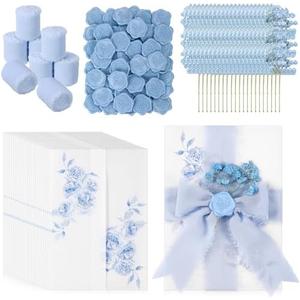 Fullhawl 50 Sets Wedding Invitations Wraps Set Pre Folded Vellum Jackets for 5 x 7 Invitations Dried Flowers Wax Seal Stickers Chiffon Silk Ribbon for Wedding Birthday Bridal Shower Craft DIY (Blue)