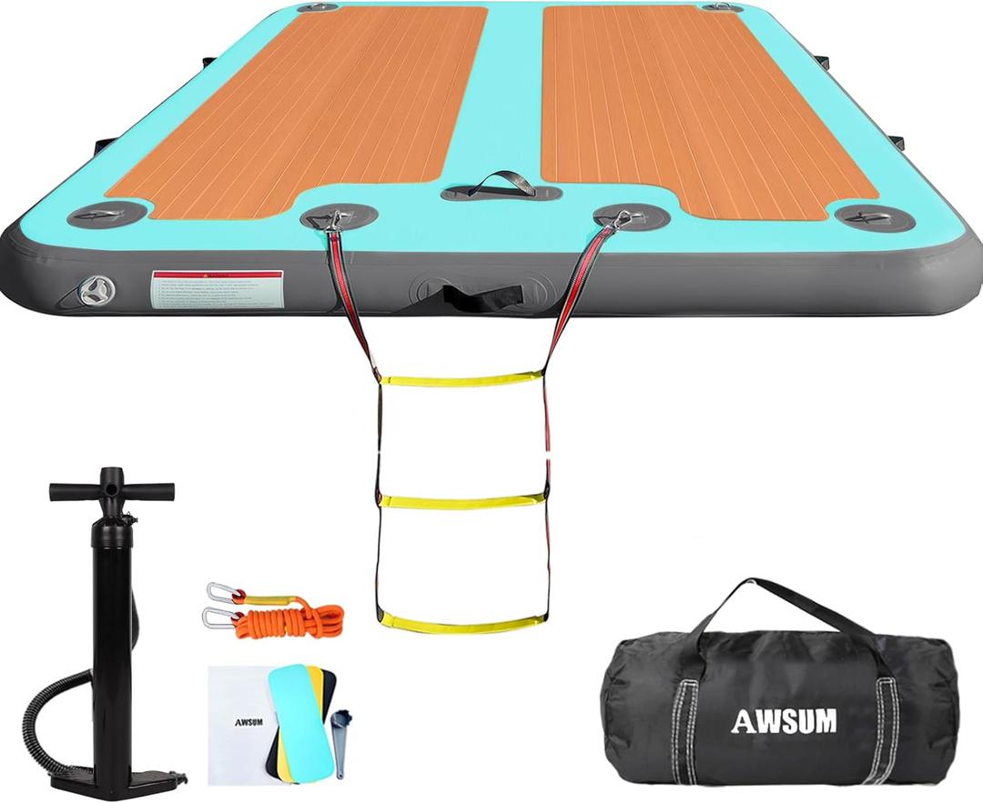AWSUM Inflatable Floating Dock, 8ft/10ft Non-Slip EVA Wood Surface Inflatable Swim Platform Dock for Lake, Inflatable Water Mat Floating Island Raft for Pool Beach Ocean (8 x 6ft, Mint Green/Gray)
