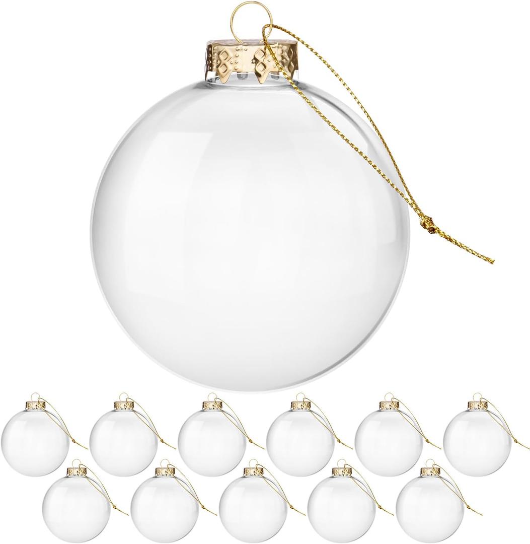 Clear Glass Ornaments for Crafts(3.15inch/80 mm, 12 Set) Large Fillable Hanging Ornaments for Christmas Tree Decor (Gold and Clear)