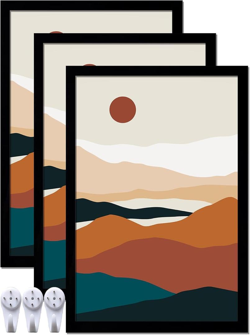 Black 16x24 Picture Frame Set of 3, High Transparent Frame for 16 By 24 Photo Collage Canvas Poster Size Wall Mount and Tabletop Horizontally Vertically (Black, 16 x 24 inches)