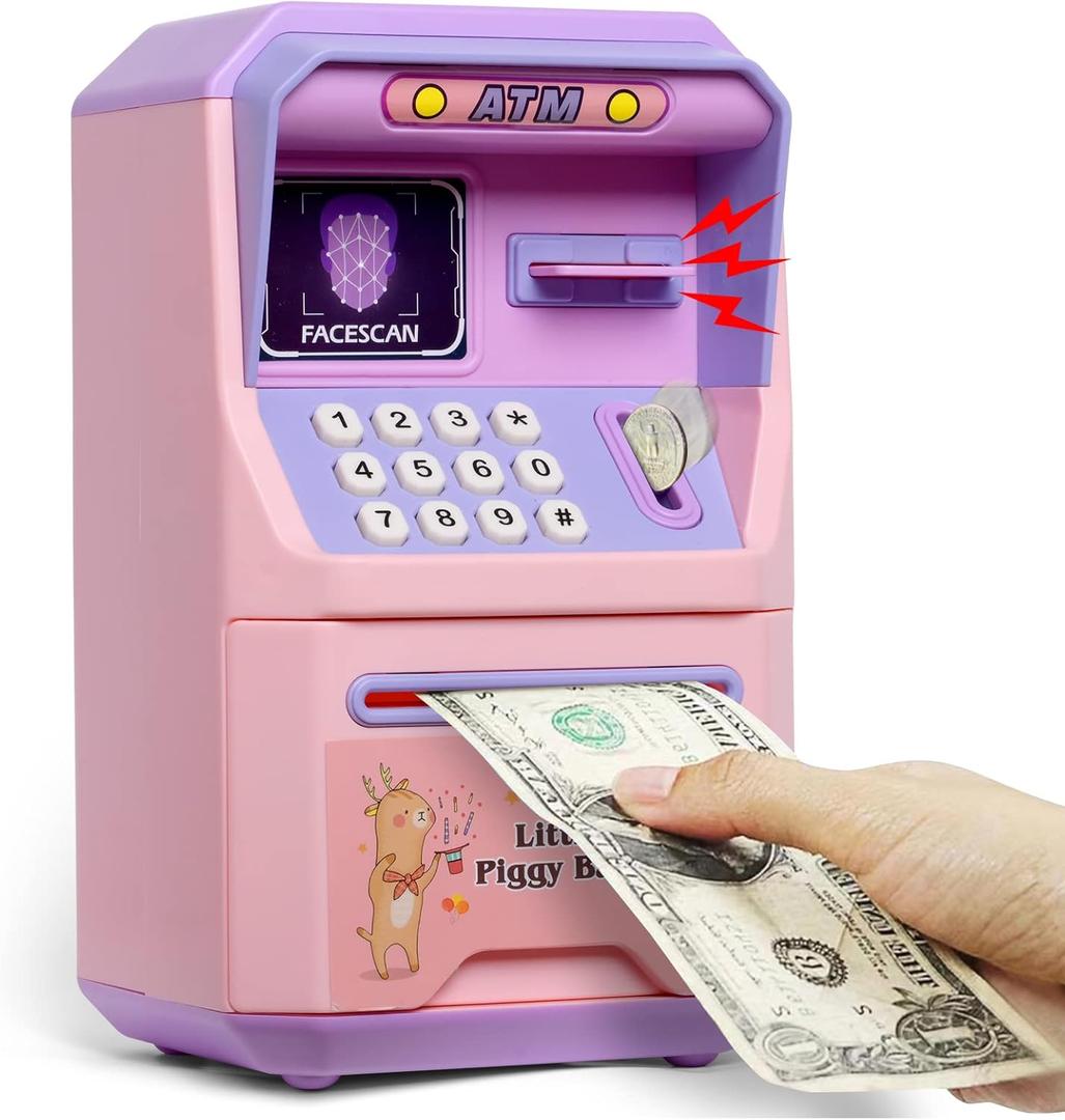Piggy Bank for Kids, ATM Coin Bank Toys Gifts, Electronic Piggy Banks Money Safe for Kids Toys Ages 3 4 5 6 7 8 9 10 11 12 Year Old Girls Birthday Gifts, Pinkish Purple