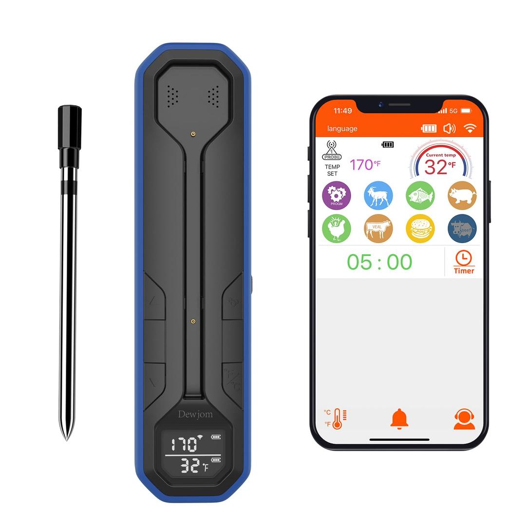 Wireless Meat Thermometer Digital Cooking Thermometer with Wireless Probe 500Ft Remote Range Food Thermometer with iOS & Android Read App -Preprogrammed Temperatures for BBQ, Oven, Grill