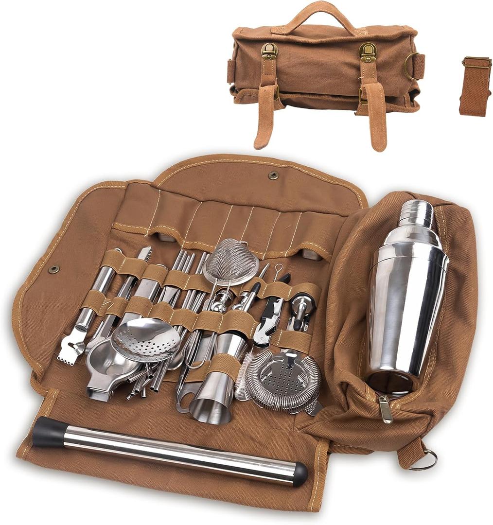 31Pcs Travel Bartender KitBartending Kit with Bar Tools Bartender Accessories,Canvas Tool BagProfessional Stainless Steel Bar Tools Set,Bar Set Cocktail Shaker Set for Home Cocktail Making,Camping