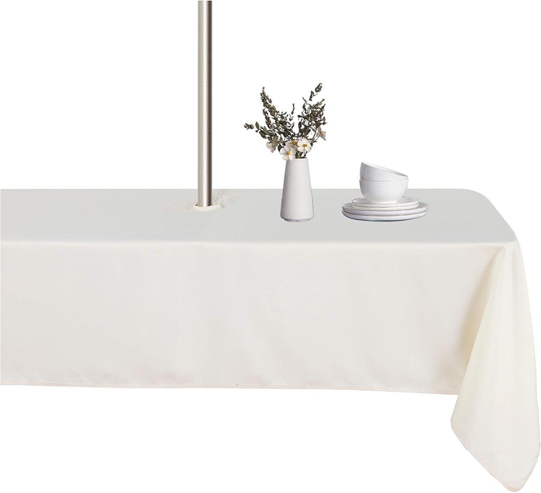 LUSHVIDA Rectangle Outdoor Tablecloth with Umbrella Hole and Zipper, 60x102 Inch Beige, Washable Waterproof Table Cloth Spill Proof Wrinkle Free Table Cover for Patio Spring Summer Picnic BBQS