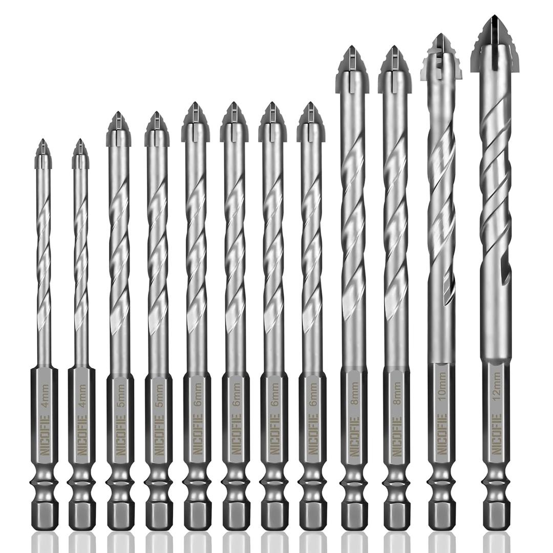 12 Pcs Concrete Carbide Drill Bits Set Hex Shank Masonry Cement Tile Drill Bit Set Hex Shank for Glass/Brick/Plastic/Wood/Procelain/Aluminum/Tile 5/32"-1/2"