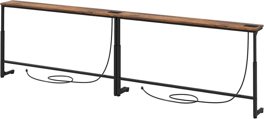 Kitstorack 94.5" Extra Long Behind Couch Table, Adjustable Height Narrow Console Table with 2 Power Strips, Split Design for Separate Wall Use, Anti-Scratch Tip, Rustic Brown for Living Room