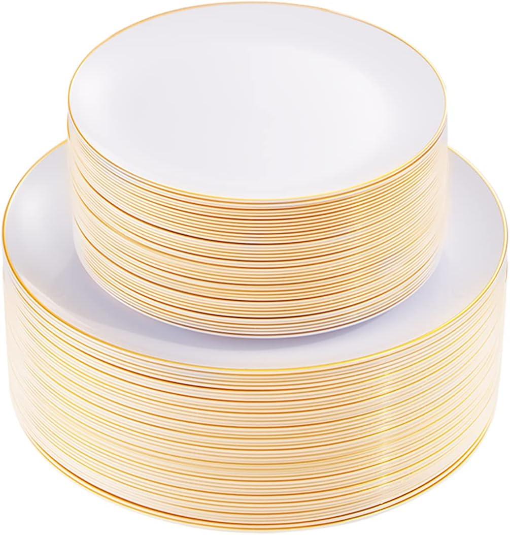 KIRE 100PCS Disposable Plates - White with Gold Rim for Party/Wedding/Graduation - Includes 50Pieces 10.25inch Dinner and 50Pieces 7.5inch Dessert/Salad Plates
