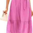 BTFBM Women Summer Bohemian Floral Casual Wrap V Neck Ruffle Cap Sleeveless Belt A-Line Pleated Hem Midi Sun Dress White (Pink, XL)