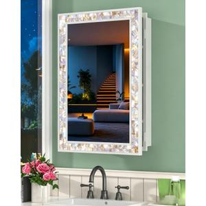 20x30 Inch White Surface Mount or Recessed Medicine Cabinet with Mirror for Bathroom, Hand-Inlaid Glittering Shell Vanity Mirror with Storage for Bedroom, Entryway, 3 Removable Shelves and Organizer