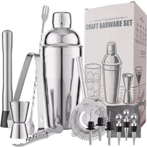 13-Piece Bartender Kit Bar Tool Set  Boston Cocktail Shaker Set with Muddler,Strainer,Jigger,SpoonHome Bar Accessories and Drink Mixer Gift for Bartesian,Housewarming, Bar Cart Decor