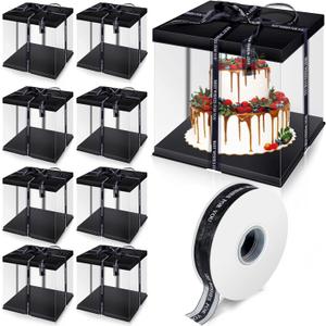 9 Pcs Large Cake Pet Clear Box with Ribbon and Pre Folded Lid, 10 x 10 x 9 Inch Tall Cake Box for 8 Inch Cake of Bakery Pastries Baking Cookie Display, Gift Packing, Birthday Wedding Party (Black)