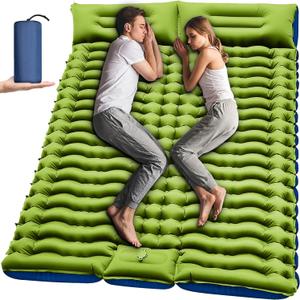 Double Sleeping Pad - Self Inflating 4" Extra-Thick for 2 Person with Pillow Built-in Foot Pump Inflatable Sleeping Mat for Backpacking, Hiking, Traveling, Tent, Portable Camping Mat (Green)