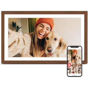 Digital Picture Frame, 15.6 Inch Frameo Digital Frame WiFi, 1920 * 1080 IPS FHD Touchscreen, 32GB, Tabletop&Wall-Mounted, Share Picture Video, Large Electric Photo Frame, Mom Gifts, Teak Woodgrain
