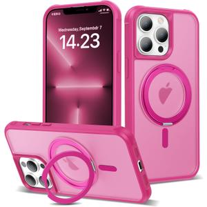 For iPhone 13 Pro Case 6.1 Inches 360Rotatable Magnetic Ring Invisible Stand,[Compatible with Mag-Safe] Military Shockproof Frosted Translucent Case, Hot Pink