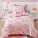 Glow in The Dark Twin Size Comforter Set for Girls, Pink Rainbow Bedding Set for Kids 1 Comforter, 1 Decor Pillow, 1 Pillow Sham