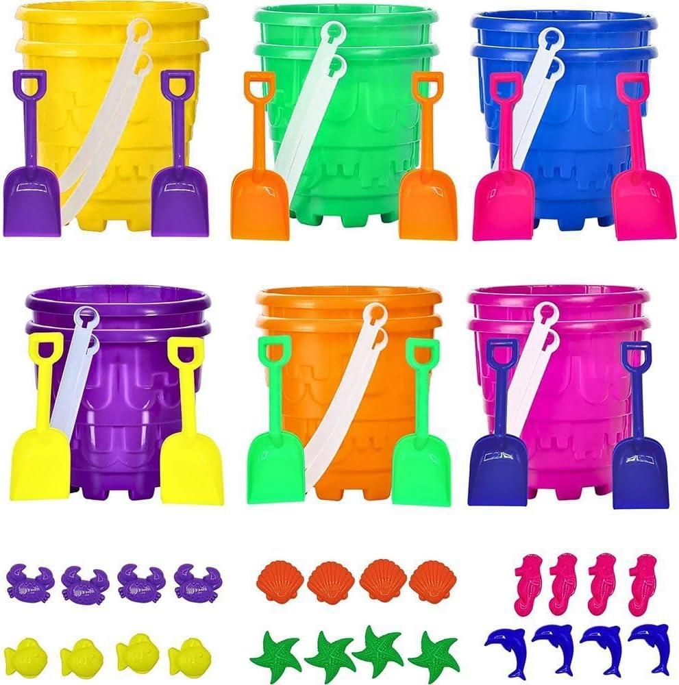 4E's Novelty 12 Sets Beach Toys - Includes 12 Sand Buckets, 12 Shovels, 24 Sand Molds for Kids - Small 5.75" Beach Buckets Bulk, Summer Party Favors, Easter Basket Stuffers, Student Gifts