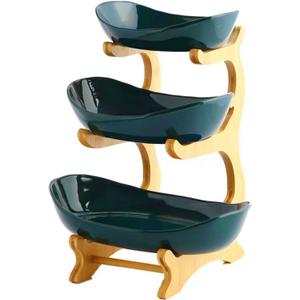 YWHWXB Multi-Layer Fruit Bowl with Natural Bamboo Rack,Plastic Wooden Frame Candy Plate,Large Capacity Snack Bowl Set,Bamboo Food Serving Tray for Kitchen Counter (Green, Triple Layer)