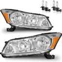 Headlights W/Bulbs for 2008-2012 Honda Accord 4Dr Halogen Headlamp Replacement Driver & Passenger Side, NOT fit coupe or Crosstour models, Chrome - With H/L Beam Bulbs